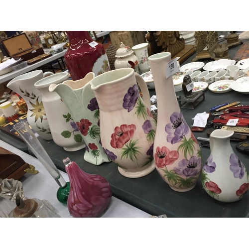 130 - A COLLECTION OF RADLEY CERAMICS TO INCLUDE VASES AND JUGS - 6 IN TOTAL