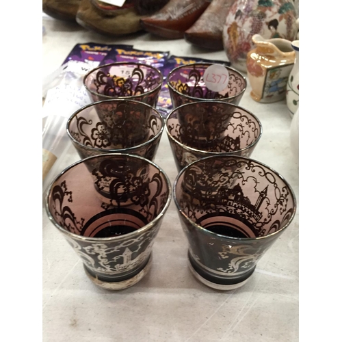 156 - A SET OF SIX GLASSES OVERLAID IN SILVER