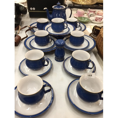 169 - A BLUE DENBY TEASET TO INCLUDE A TEAPOT, BOWLS, CUPS, SAUCERS, ETC - 25 PIECES IN TOTAL