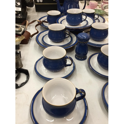 169 - A BLUE DENBY TEASET TO INCLUDE A TEAPOT, BOWLS, CUPS, SAUCERS, ETC - 25 PIECES IN TOTAL