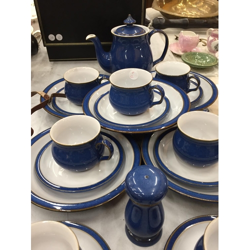 169 - A BLUE DENBY TEASET TO INCLUDE A TEAPOT, BOWLS, CUPS, SAUCERS, ETC - 25 PIECES IN TOTAL