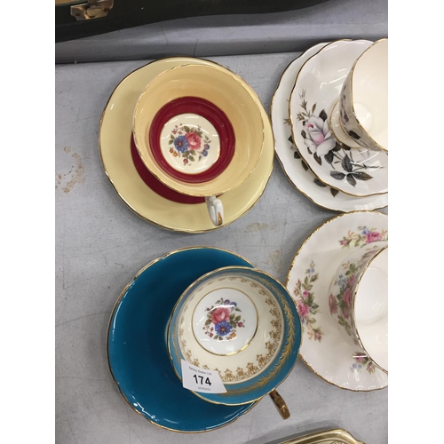 174 - A QUANTITY OF VINTAGE CHINA TRIOS TO INCLUDE ROYAL 'QUEEN'S MESSENGER', 'OLD COUNTRY ROSES', AYNSLEY... 