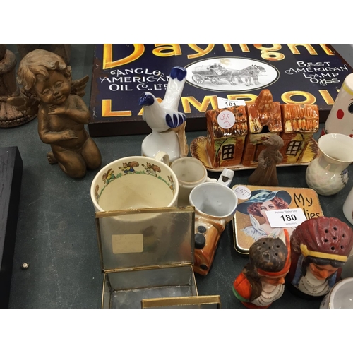 180 - A MIXED LOT TO INCLUDE A CARLTON WARE 'FACE' PEPPER POT, SMALL CUPS AND MUGS, METAL FIGURES, A VINTA... 