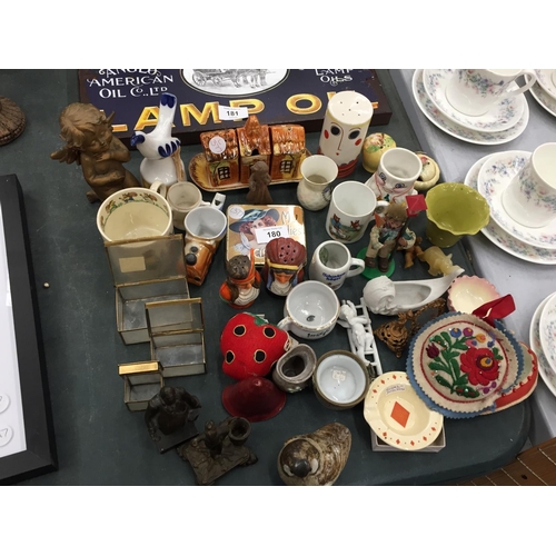 180 - A MIXED LOT TO INCLUDE A CARLTON WARE 'FACE' PEPPER POT, SMALL CUPS AND MUGS, METAL FIGURES, A VINTA... 