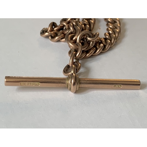 452 - A 9 CARAT GOLD WATCH CHAIN WITH T BAR GROSS WEIGHT 38.22 GRAMS IN A PRESENTATION BOX