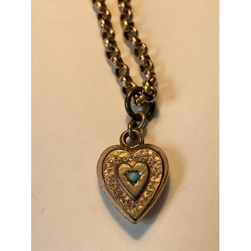 454 - A 9 CARAT GOLD NECKLACE WITH A HEART PENDANT WITH TURQUOISE STONE GROSS WEIGHT 7.54 GRAMS WITH PRESE... 