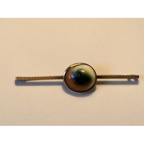 456 - A 9 CARAT GOLD BROOCH WITH A TIGERS EYE STYLE STONE GROSS WEIGHT 3.10 GRAMS IN A PRESENTATION BOX