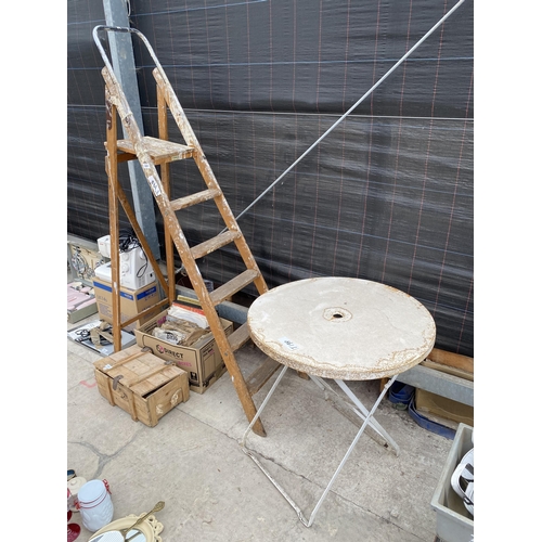 2065 - A VINTAGE FIVE RUNG WOODEN STEP LADDER AND A METAL FOLDING GARDEN TABLE