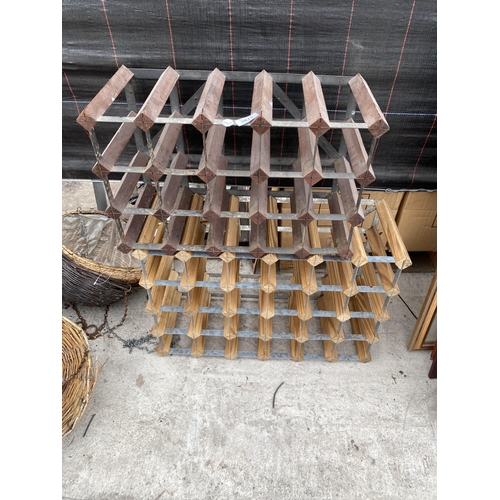 2073 - TWO WOODEN AND METAL BANDED WINE RACKS