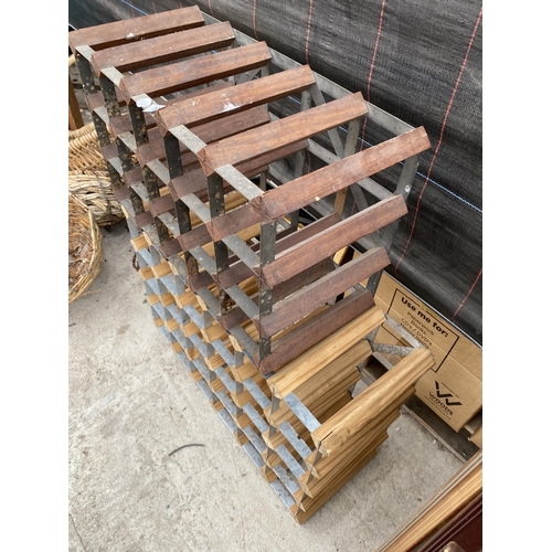 2073 - TWO WOODEN AND METAL BANDED WINE RACKS