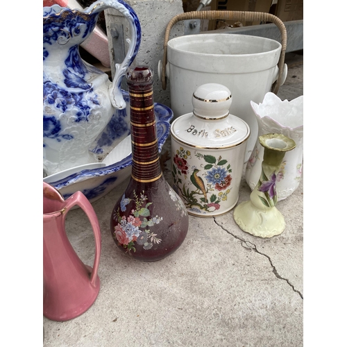 2078 - AN ASSORTMENT OF CERAMICS TO INCLUDE A JUG AND WASH BOWL, DECANTOR AND VASES ETC