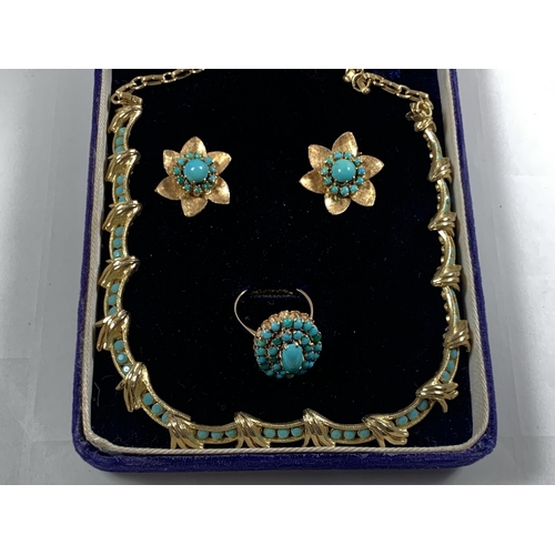 438 - A SET OF TURQUOISE JEWELLERY BY L F PENNY LTD, HONG KONG IN PRESENTATION BOX - A 14 CARAT GOLD RING,... 