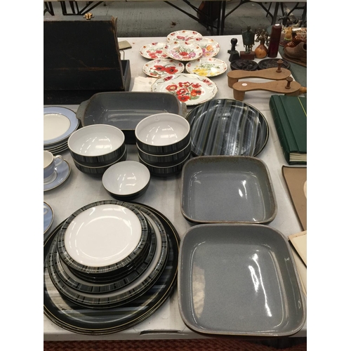 822 - A LARGE QUANTITY OF DENBY 'JET STRIPES' DINNER WARE TO INCLUDE VARIOUS SIZES OF PLATES, BOWLS, SERVI... 