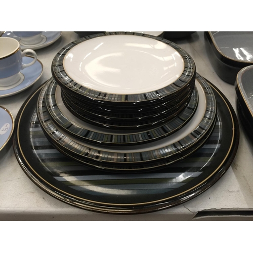 822 - A LARGE QUANTITY OF DENBY 'JET STRIPES' DINNER WARE TO INCLUDE VARIOUS SIZES OF PLATES, BOWLS, SERVI... 