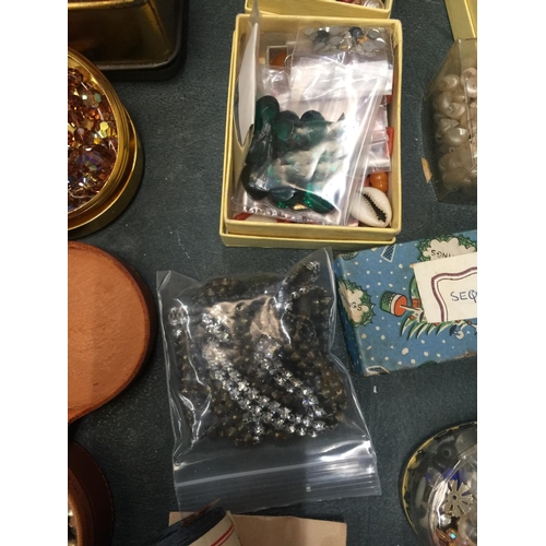 841 - A LARGE QUANTITY OF JEWELLERY CRAFTING ITEMS TO INCLUDE BEADS, SEQUINS, SHELLS, NEEDLES, THREAD, ETC