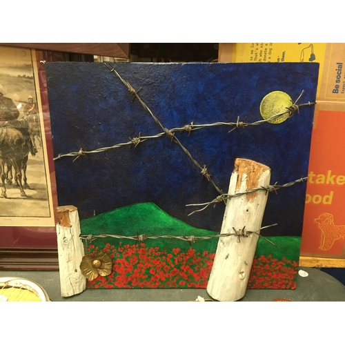 842 - A PAINTING ON BOARD OF A WW1 POPPY FIELD WITH BARBED WIRE.  TO THE REVERSE IS A POEM AND THE NAME PT... 