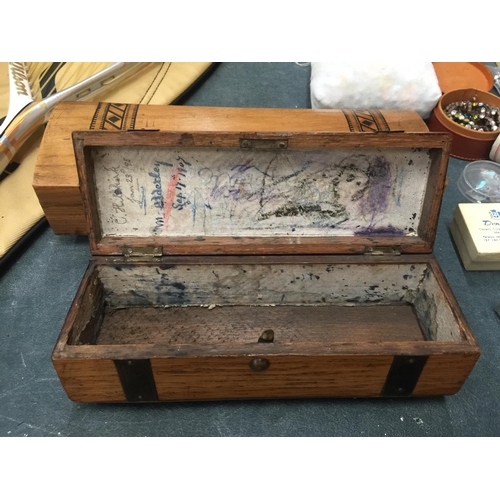 843 - TWO VINTAGE WOODEN GLOVE BOXES - ONE INLAID AND ONE METAL BOUND