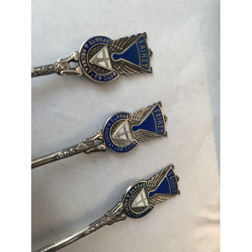 674 - THREE HALLMARKED BIRMINGHAM SILVER SPOONS WITH ENAMEL FAIREY SPORTS AND RECREATION CLUB TOPS GROSS W... 