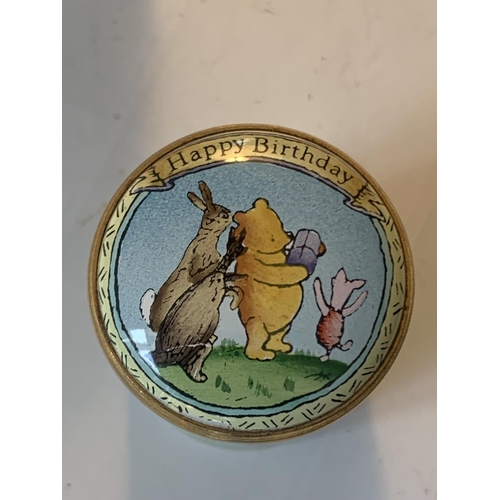 680 - A HAND PAINTED ENAMEL POT DEPICTING POOH BEAR AND A GOLD PLATED PERFUME BOTTLE