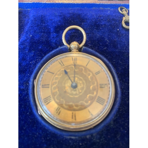 681 - A VINTAGE 18 CARAT GOLD POCKET WATCH WITH DECORATIVE FACE AND ROMAN NUMERALS, KEY AND ORIGINAL BOX G... 