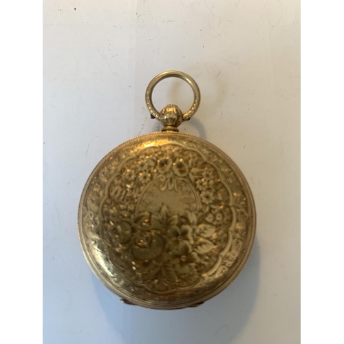 681 - A VINTAGE 18 CARAT GOLD POCKET WATCH WITH DECORATIVE FACE AND ROMAN NUMERALS, KEY AND ORIGINAL BOX G... 