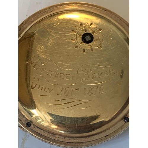 681 - A VINTAGE 18 CARAT GOLD POCKET WATCH WITH DECORATIVE FACE AND ROMAN NUMERALS, KEY AND ORIGINAL BOX G... 