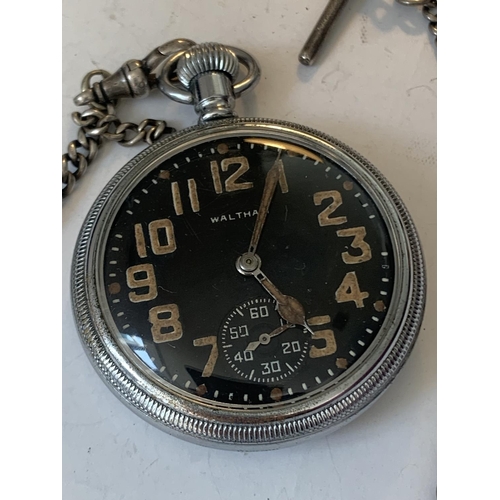 684 - A MILITARY WALTHAM POCKET WATCH ON A MARKED SILVER T BAR CHAIN