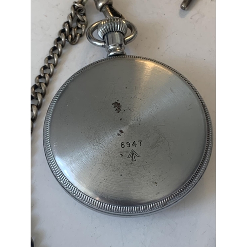 684 - A MILITARY WALTHAM POCKET WATCH ON A MARKED SILVER T BAR CHAIN