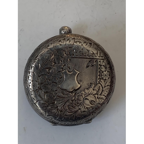 687 - A MARKED 935 SILVER POCKET WATCH WITH WHITE ENAMEL AND FLORAL DECORATION FACE AND ROMAN NUMERALS