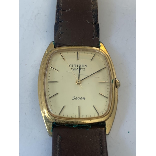 691 - A VINTAGE CITIZEN QUARTZ SEVEN WATCH WITH BROWN LEATHER STRAP