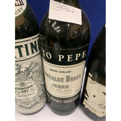 394 - THREE BOTTLES TO INCLUDE MARTINI, TIO PEPE SHERRY AND EPICURE SPARKLING APPLE JUICE