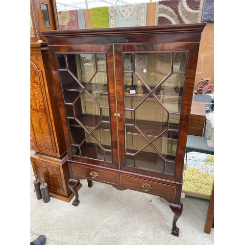 2894 - A 19TH CENTURY MAHOGANY TWO DOOR ASTRAGAL GLAZED DISPLAY CABINET WITH TWO DRAWERS, ON FRONT CABRIIOL... 