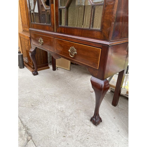 2894 - A 19TH CENTURY MAHOGANY TWO DOOR ASTRAGAL GLAZED DISPLAY CABINET WITH TWO DRAWERS, ON FRONT CABRIIOL... 