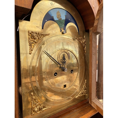 2895 - AN EIGHT-DAY BRASS FACED ROLLING MOON LONGCASE CLOCK MOVEMENT, IN LATER CASE