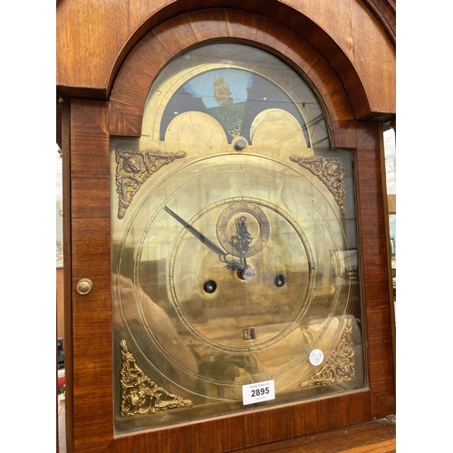 2895 - AN EIGHT-DAY BRASS FACED ROLLING MOON LONGCASE CLOCK MOVEMENT, IN LATER CASE