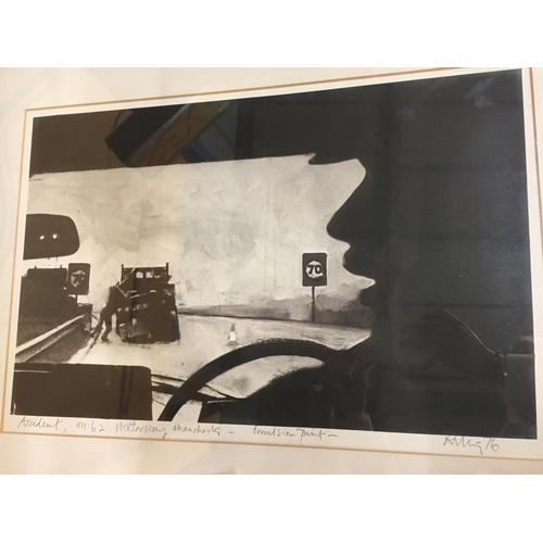 37 - * HAROLD RILEY (BRITISH 1934-2023) 'ACCIDENT M62 MOTORWAY MANCHESTER' EMULSION PRINT, SIGNED AND DAT... 