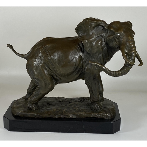 10 - A LARGE BRONZE MODEL OF AN AFRICAN ELEPHANT ON MARBLE BASE, SIGNED BARYE, HEIGHT 29CM, LENGTH 29CM