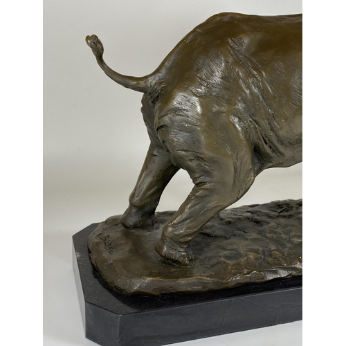 10 - A LARGE BRONZE MODEL OF AN AFRICAN ELEPHANT ON MARBLE BASE, SIGNED BARYE, HEIGHT 29CM, LENGTH 29CM