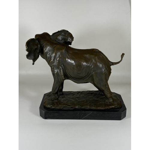 10 - A LARGE BRONZE MODEL OF AN AFRICAN ELEPHANT ON MARBLE BASE, SIGNED BARYE, HEIGHT 29CM, LENGTH 29CM