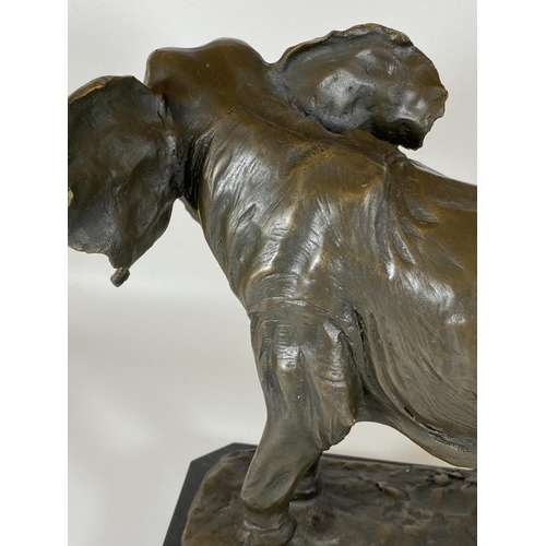 10 - A LARGE BRONZE MODEL OF AN AFRICAN ELEPHANT ON MARBLE BASE, SIGNED BARYE, HEIGHT 29CM, LENGTH 29CM