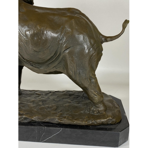 10 - A LARGE BRONZE MODEL OF AN AFRICAN ELEPHANT ON MARBLE BASE, SIGNED BARYE, HEIGHT 29CM, LENGTH 29CM