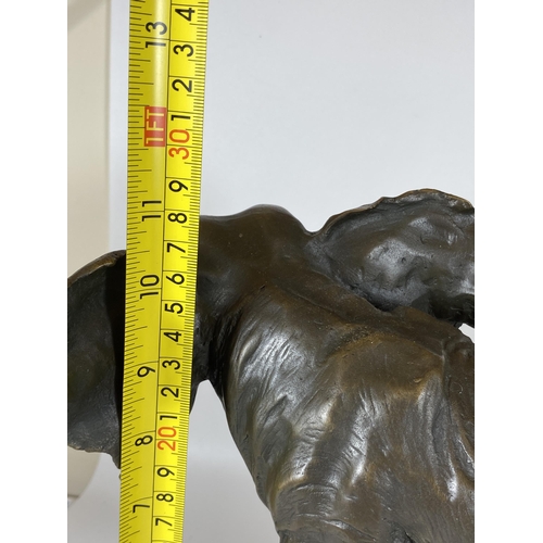 10 - A LARGE BRONZE MODEL OF AN AFRICAN ELEPHANT ON MARBLE BASE, SIGNED BARYE, HEIGHT 29CM, LENGTH 29CM