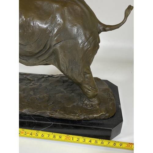 10 - A LARGE BRONZE MODEL OF AN AFRICAN ELEPHANT ON MARBLE BASE, SIGNED BARYE, HEIGHT 29CM, LENGTH 29CM