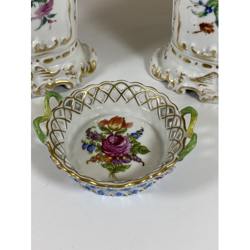 101 - A PAIR OF CONTINENTAL HAND PAINTED PORCELAIN VASES, HEIGHT 16CM, TOGETHER WITH A SIGNED DRESDEN PORC... 