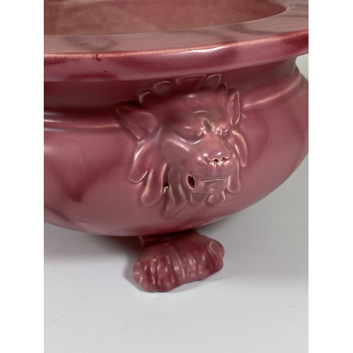 11 - A C.1900 ART NOUVEAU BRETBY PINK POTTERY CENSOR / BOWL WITH TRIPLE LION HEAD AND PAW FEET, SIGNED TO... 