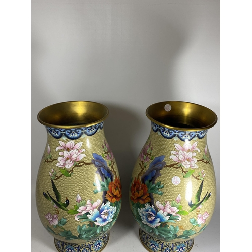 375 - A LARGE PAIR OF CHINESE CLOISONNE BALUSTER FORM VASES WITH BIRD AND FLORAL DECORATION, HEIGHT 39CM