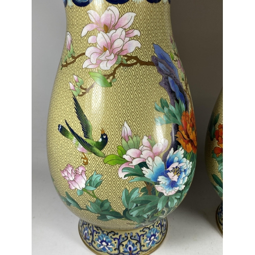 375 - A LARGE PAIR OF CHINESE CLOISONNE BALUSTER FORM VASES WITH BIRD AND FLORAL DECORATION, HEIGHT 39CM