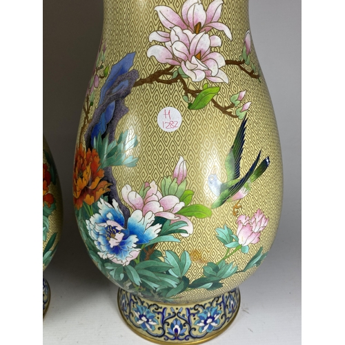 375 - A LARGE PAIR OF CHINESE CLOISONNE BALUSTER FORM VASES WITH BIRD AND FLORAL DECORATION, HEIGHT 39CM