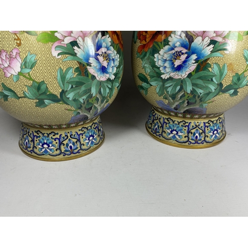 375 - A LARGE PAIR OF CHINESE CLOISONNE BALUSTER FORM VASES WITH BIRD AND FLORAL DECORATION, HEIGHT 39CM