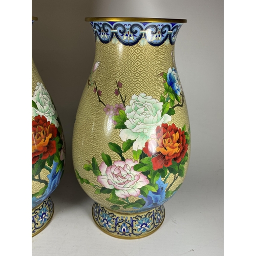 375 - A LARGE PAIR OF CHINESE CLOISONNE BALUSTER FORM VASES WITH BIRD AND FLORAL DECORATION, HEIGHT 39CM